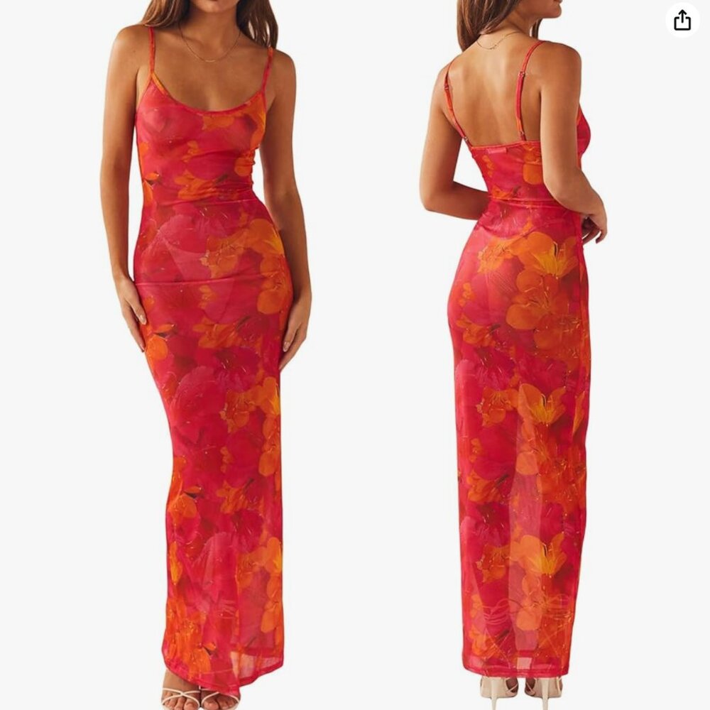 NWOT Women's Sexy Bodycon Long Dress Spaghetti Strap Floral Print Cocktail - Picture 4 of 4